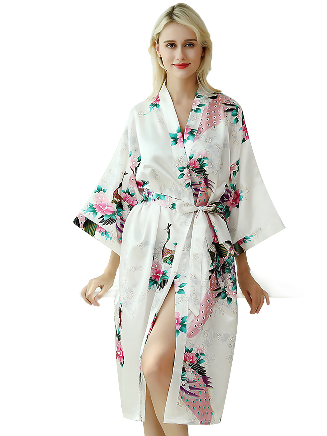 Women S Peacock Floral Satin Robe Kimono Silky Nightgown Sleepwear Ebay