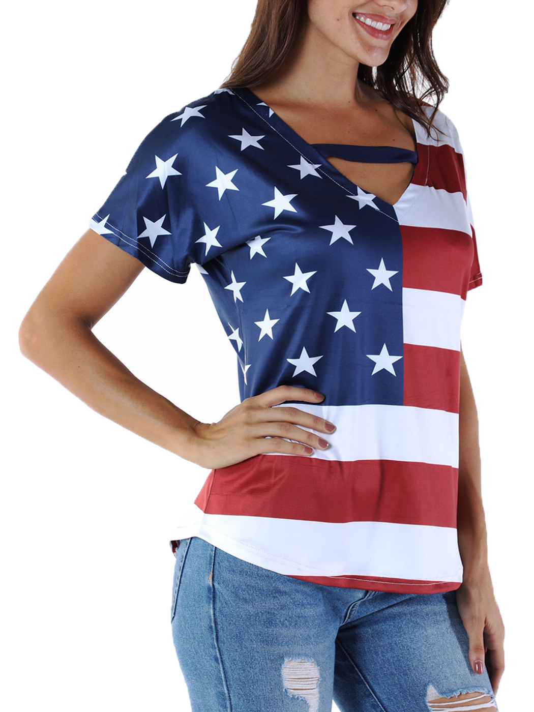 Womens US flag Long Sleeve Irregular Crossed Front Soft Cotton Blouse T ...