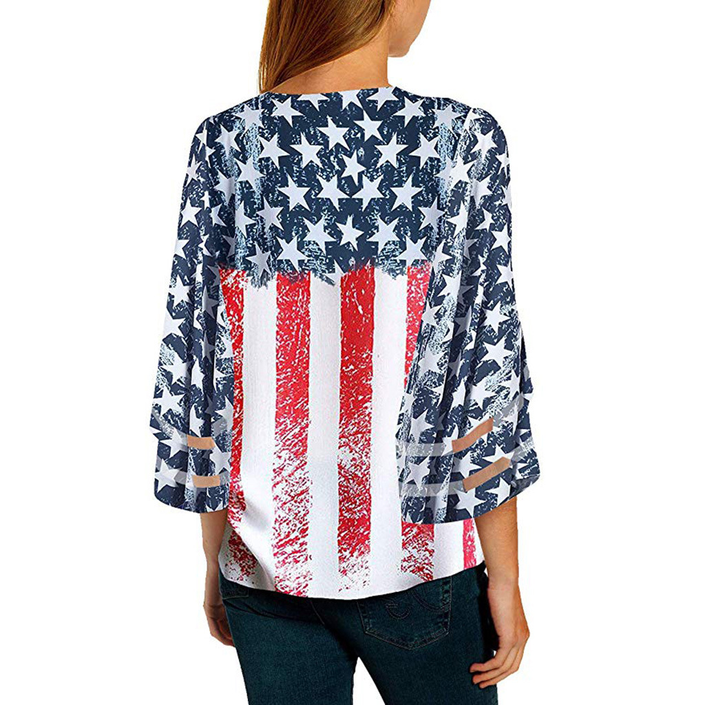 USA American Flag Patriotic V-Neck Button 3/4 Bell Sleeve Loose Blouse ...