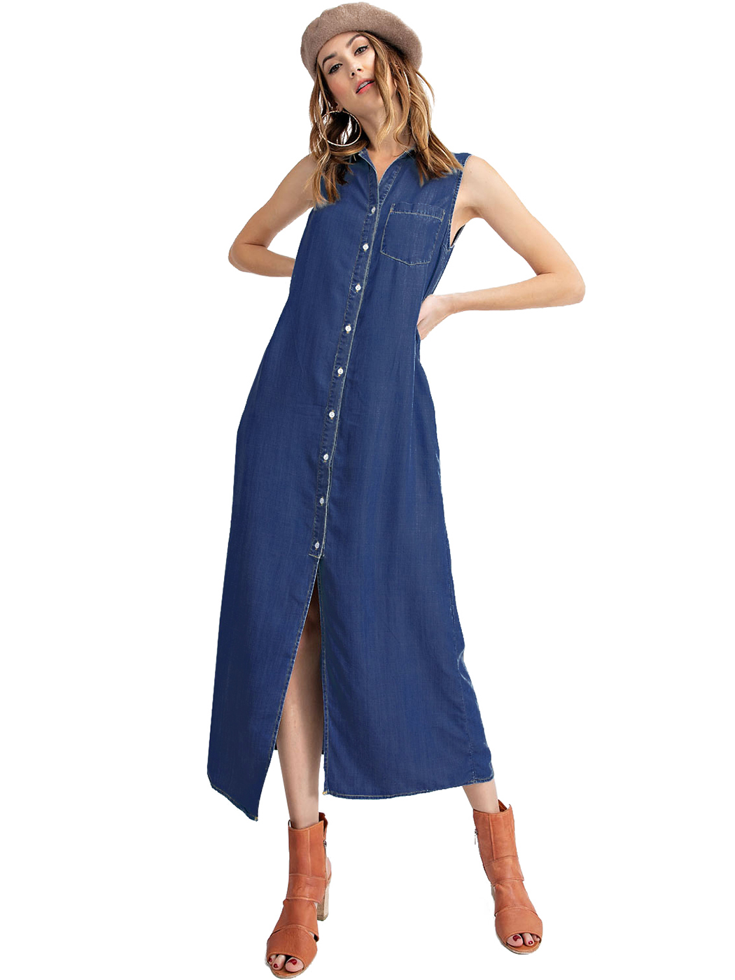 Hot Classic Sleeveless Blue Jean Button Down Denim Pocket Collar Shirt Dress Ebay 
